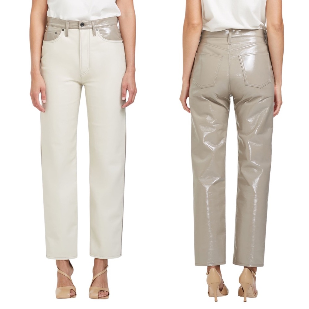 Agolde Two-Tone Leather Straight Leg Pants in Cream & Taupe